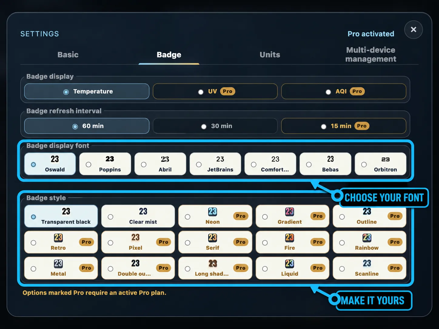 SkyFeels badge font and style choices